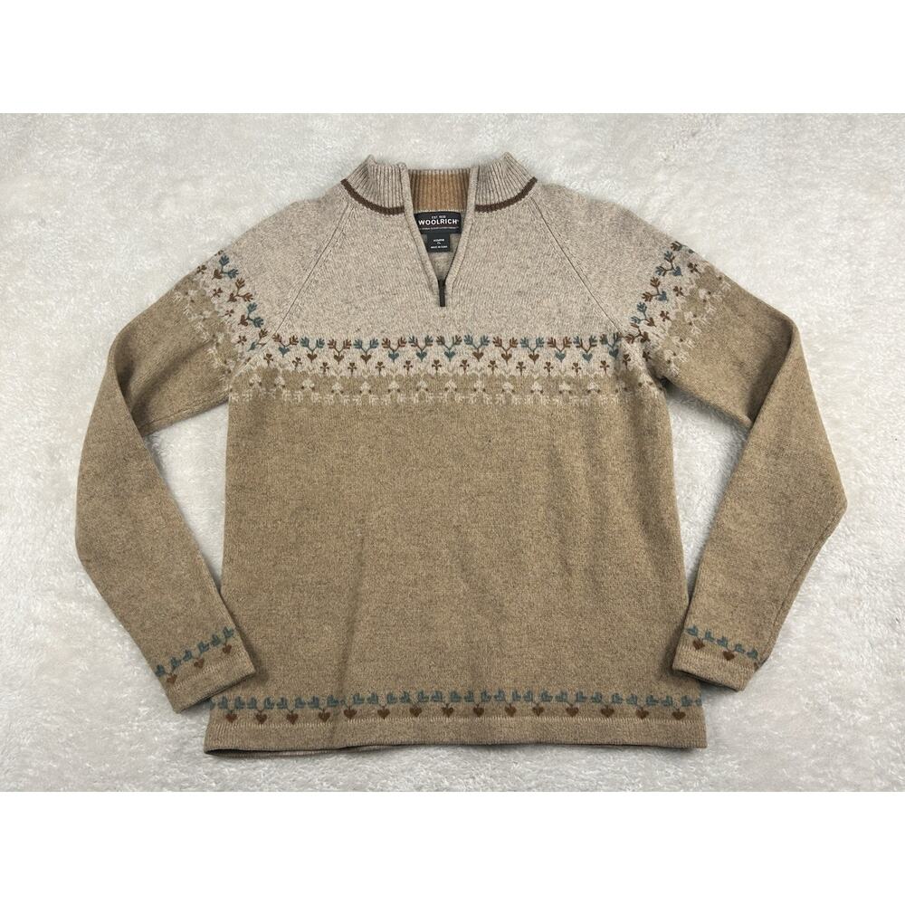WOOLRICH Lambs Wool Sweater Women's Sz XL Camel 1/4 Zip Nordic Fair Isle 9542